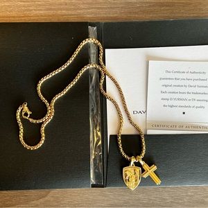 David Yurman 18k Gold Medium Box Chain 3.4mm 22” with St. Michael and Deco Cross